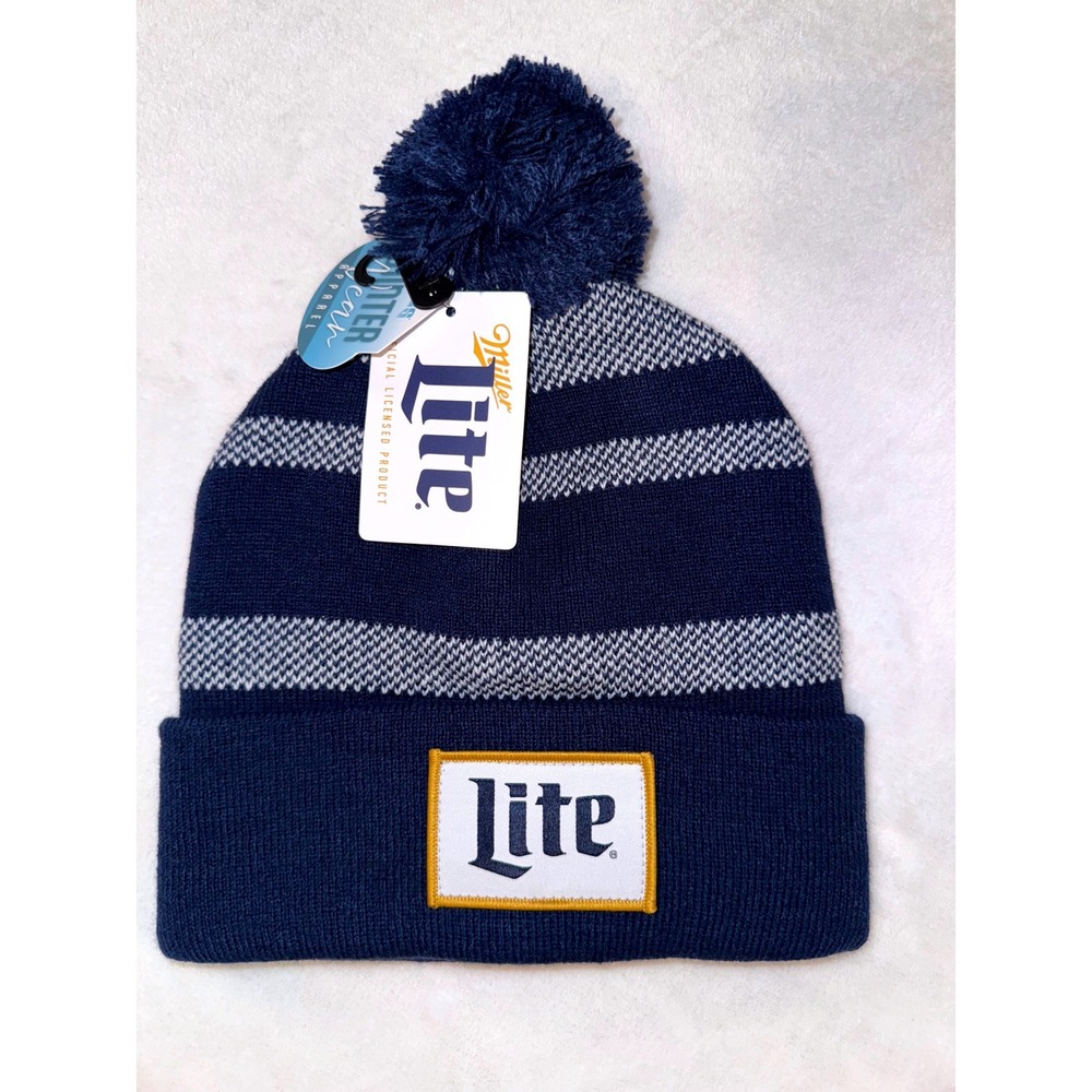 Miller Lite Beer‎ Beanie Navy Blue White Striped Pom Pom Knit Hat Pugs USA NWT